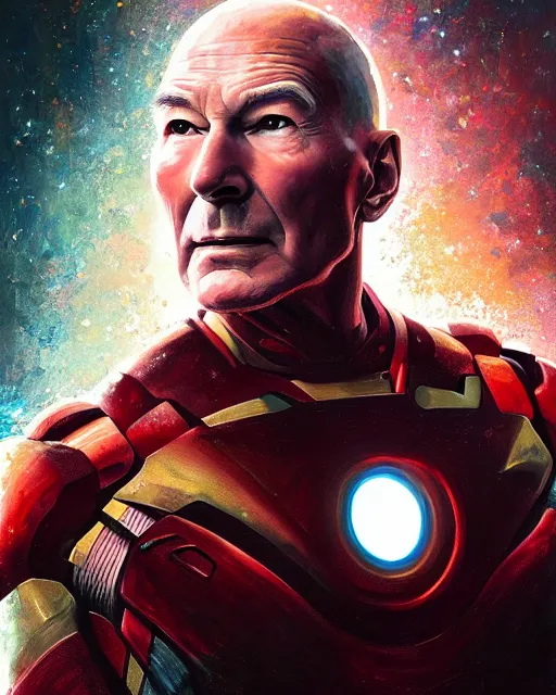 Image similar to a highly detailed portrait of Sir Patrick Stewart as Iron Man, heroic pose, by greg rutkowski and android jones in a surreal portrait style, oil on canvas, ancient cyberpunk 8k resolution, masterpiece