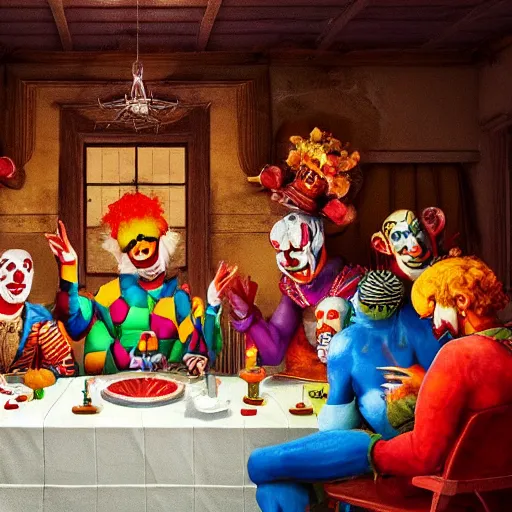 Image similar to last Supper of clowns, high quality, hyperdetalied,artstation,8K,