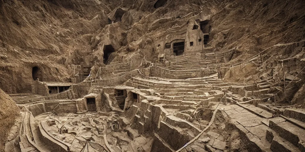 Image similar to very a deep mining pit, houses are carved into the sidewalls, long winding stairs going down, 8 k, shallow depth of field, moody lighting, ultra high detail, concept art,