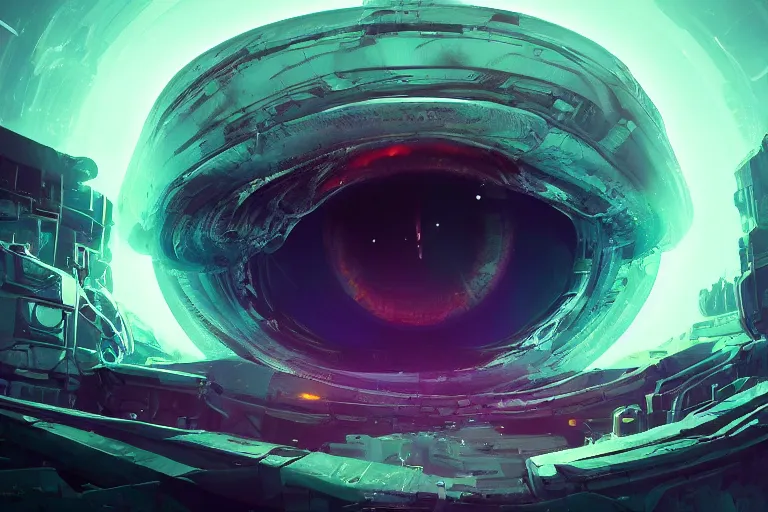 Image similar to giant mysterious eye, sci - fi, glow, abstract intricate, cinematic, wlop, dan mumford, octane render, artstation hd