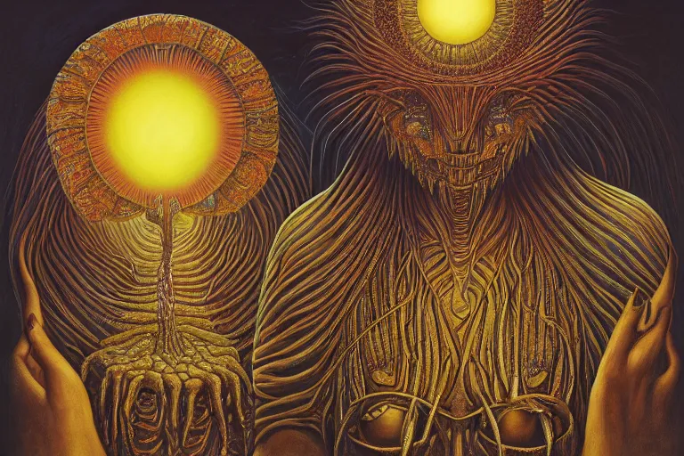 Image similar to THE QUEEN OF THE SUN by jacek yerka, alex gray, zdzisław beksiński, dariusz zawadzki, jeffrey smith and h.r. giger, oil on canvas, 8k highly professionally detailed, trending on artstation