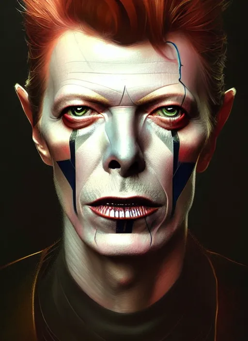 Prompt: portrait of a david bowie cyborg, victorian, concept art, detailed face, fantasy, close up face, highly detailed, cinematic lighting, digital art painting by greg rutkowski