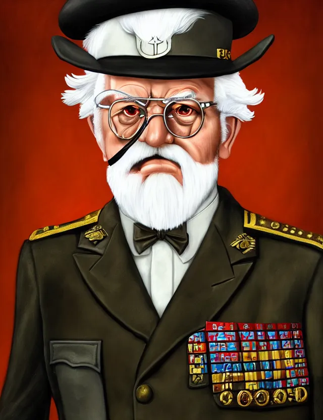 Image similar to a portrait of colonel sanders wearing a military uniform and an eyepatch, by moebius and tyler edlin and hr giger, trending on artstation, digital art, 4 k resolution, detailed, high quality, sharp focus, hq artwork, coherent, insane detail, concept art