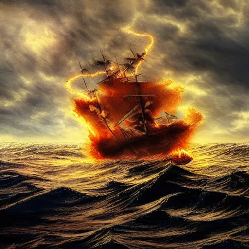 Image similar to burning ocean, storm, dramatic sky, waves, dark, flame, pirate sail ship, hyperrealistic, highly detailed, fractal,