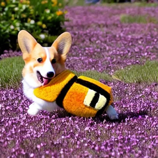 Image similar to corgi flying around flowers as a bee, cute, happy, realistic, sparkling petals, action shot