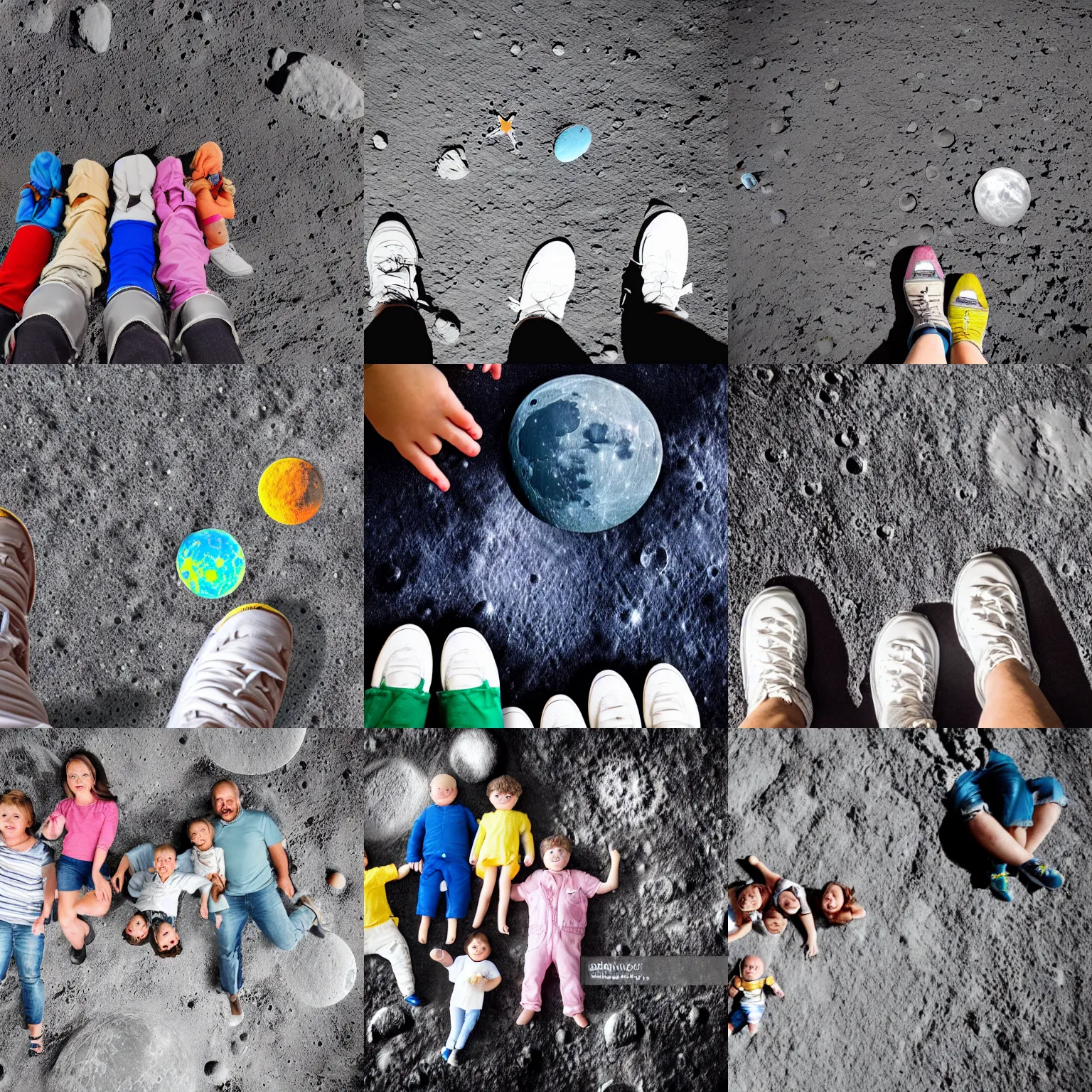 Prompt: a close - up view from above of a small colored family photo lying on the moon's floor. hyper realistic, hyper detailed, sharp focus