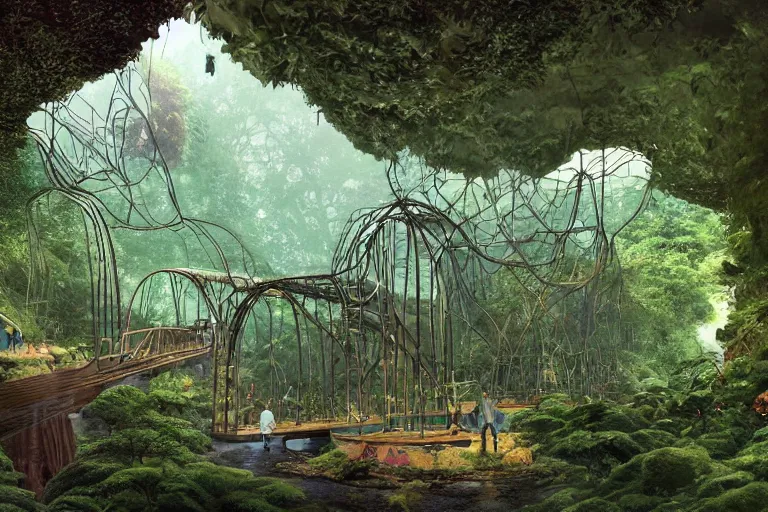 Prompt: deep natural cave with lush vegetation and trees, victorian green house, rock and wood bridge, kid and mad scientist walking, giant video screens, sci - fi, retrofuturism, concept art by moebius and victo ngai, architecture by francois schuiten, clean line, diesel punk, artstation