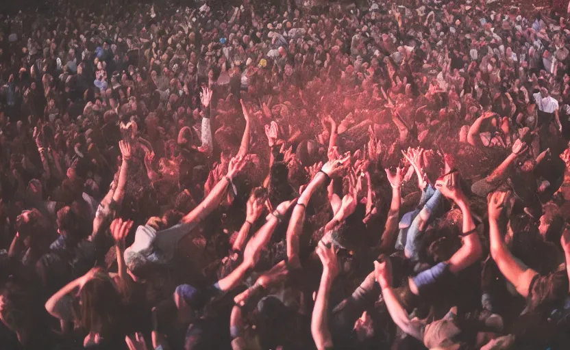Prompt: medium overhead view picture of a moshpit during a rock concert with red liquid being spelt all over the crowd, Cinestill 800t 18mm, heavy grainy picture, very detailed, high quality, 4k panoramic, HD criterion, dramatic lightning
