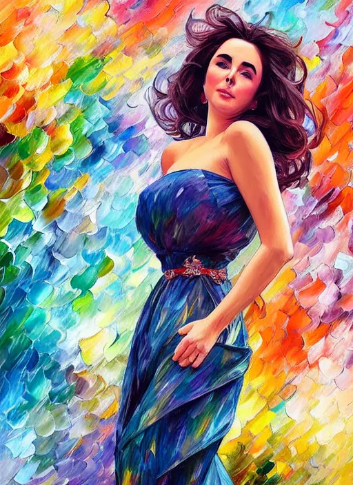 Prompt: elizabeth taylor detailed clothing, half body shot, arms down, path traced, highly detailed, high quality, digital painting, alena aenami, leonid afremov, lilia alvarado, shinji aramaki, karol bak, alphonse mucha, tom bagshaw