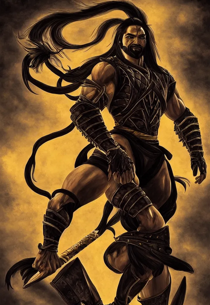 Image similar to full body, full figure portrait of hanzo hasashi scorpion from mortal kombat in the sky, full body shot, camera pulled back far, highly detailed dramatic lighting, artstation, atmospheric perspective, artgerm, mk ninja, epic yellow tight ninja suit, intense contrast, 3 light sources, by lee bermejo, alphonse mucha and greg rutkowski