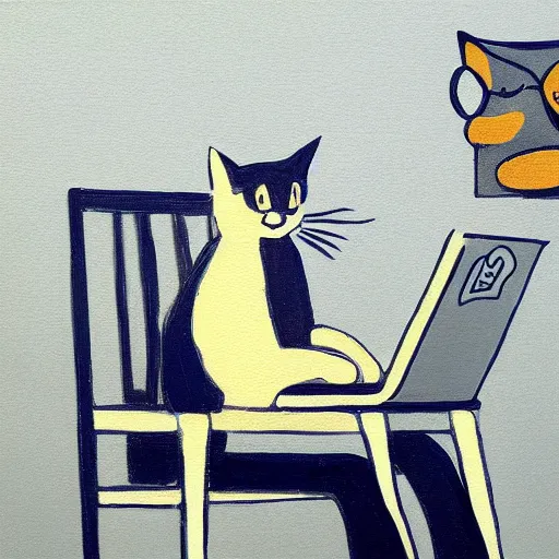 Prompt: painting of a cat in a business suit, sitting in a chair and using a laptop