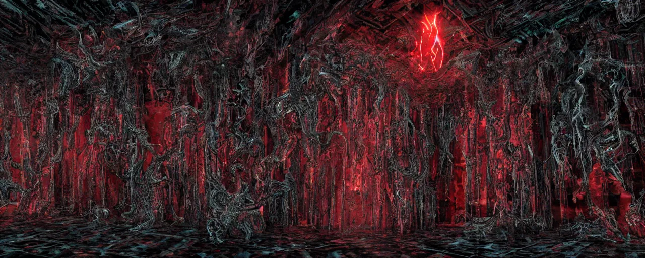 Image similar to Temple of elder gods, horrorcore, 8k matte, datamosh ,glitch, cosmic horror, ultra detailed, fine detail, realistic texture, giger | spiked korean bloodmoon sigil stars draincore, gothic demon hellfire hexed witchcore aesthetic, dark vhs gothic hearts, neon glyphs spiked with red maroon glitter breakcore Y2K horrorcore metal album cover