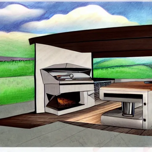 Image similar to modern outdoor kitchen design with grill and pizza oven, designer pencil sketch, HD resolution