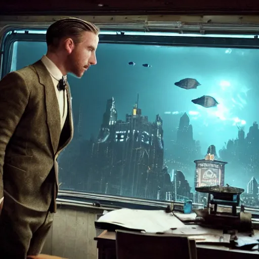 Image similar to a highly detailed cinematic photo from a live - action bioshock movie. andrew ryan, portrayed by ryan gosling, is shown standing in a 1 9 3 0's office with a large desk in front of a floor - to - ceiling window looking out onto the underwater city of rapture shining in the distance, several fish are shown outside of the window