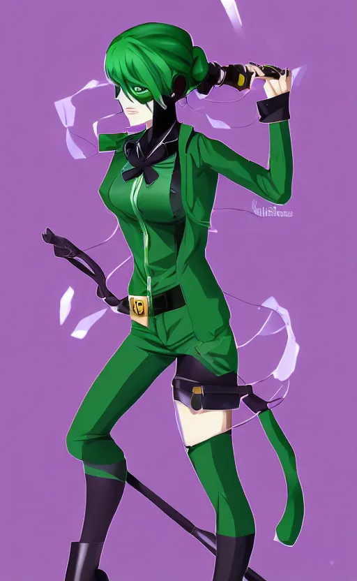 Prompt: an anime girl cosplaying as the riddler from Batman, anime character illustration, digital art, 4k