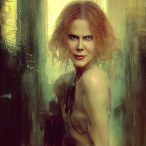 Image similar to nicole kidman, hyperrealistic portrait, bladerunner street, art of elysium by jeremy mann and alphonse mucha, fantasy art, photo realistic, dynamic lighting, artstation, poster, volumetric lighting, very detailed face, 4 k, award winning