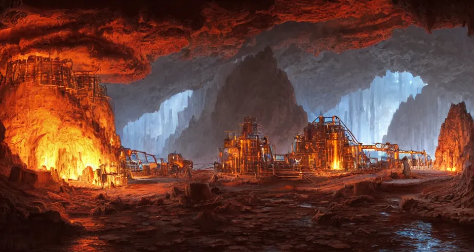 Prompt: a highly detailed digital matte painting of a high-tech smelting pit in a cave, streams of molten iron, workers, large long pipes, by Raphael Lacoste and Stephan Martiniere and Peter Mohrbacher and Robert McCall, volumetric lighting, hyperdetailed, octane render, 8k H- 640