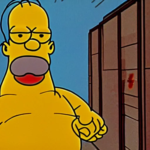 Image similar to a still of homer simpson from die hard ( 1 9 8 8 ), long shot, 1 5 0 mm