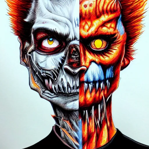 Image similar to hyper realistic colored pencil drawing of zombie wolverine, space background, unlimited detail, colored, space, dragon, intricate, detail, phoenix, orange by harumi hironaka art gem, cg society