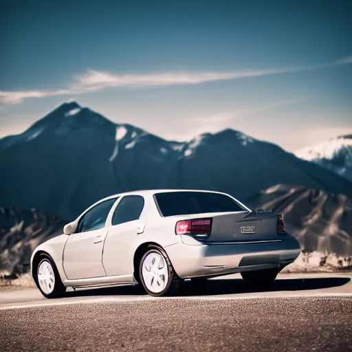 Prompt: modern minimalistic car, professional photography, vaporwave, mountains in the background