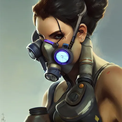 Image similar to overwatch widowmaker wearing a cyber gas mask, digital art, pretty face, very beautiful face, very detailed eyes, ultra detailed, by wlop, greg rutkowski,