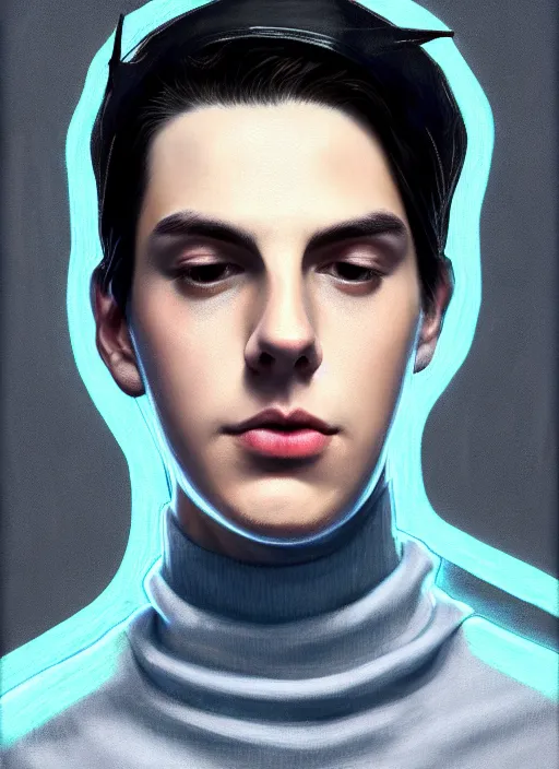 Image similar to portrait of teenage jughead jones wearing a light grey crown, crown, blue turtleneck, 1 9 5 0 s, closed eyes, photorealistic, black hair, glowing lighting, intricate, elegant, glowing lights, highly detailed, digital painting, artstation, concept art, smooth, sharp focus, illustration, art by wlop, mars ravelo and greg rutkowski