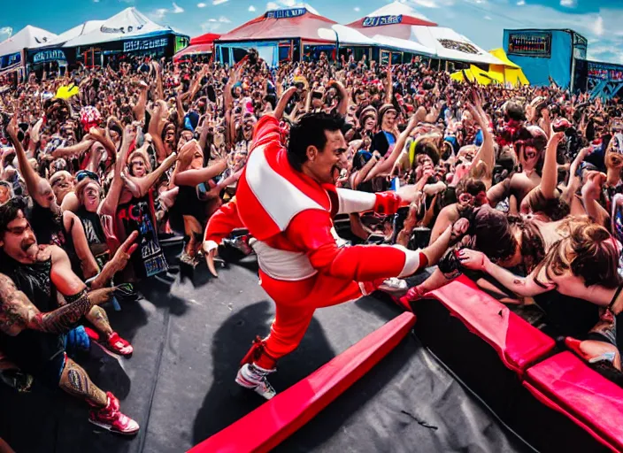 Prompt: photo still of putties from power rangers at the vans warped tour!!!!!!!! at age 3 6 years old 3 6 years of age!!!!!!!! stage diving into the crowd, 8 k, 8 5 mm f 1. 8, studio lighting, rim light, right side key light