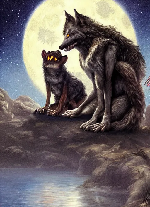 Image similar to a realistic painting of a werewolf at night sitting next to a child in front of full moon, fantasy art, matte painting, highly detailed