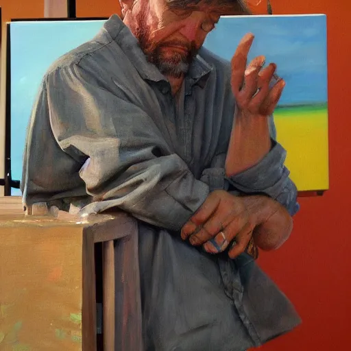 Prompt: a painting of an extremely concerned artist by rj palmer