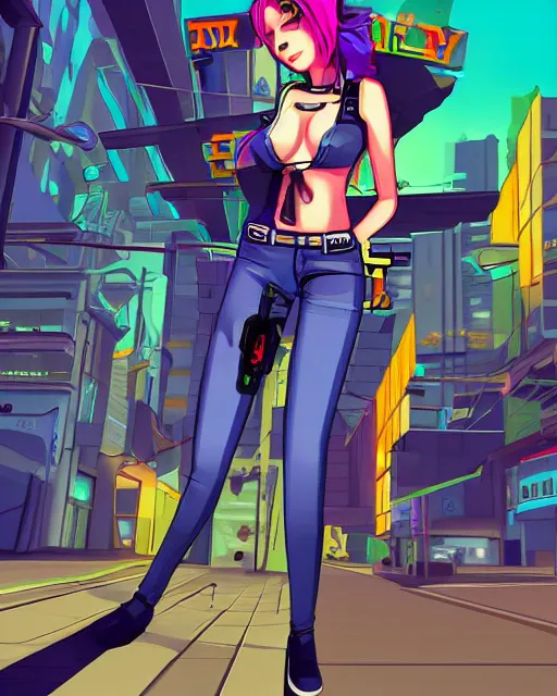 Image similar to cel shaded art of a pretty blue haired girl, jet grind radio graphics, cyberpunk city street background