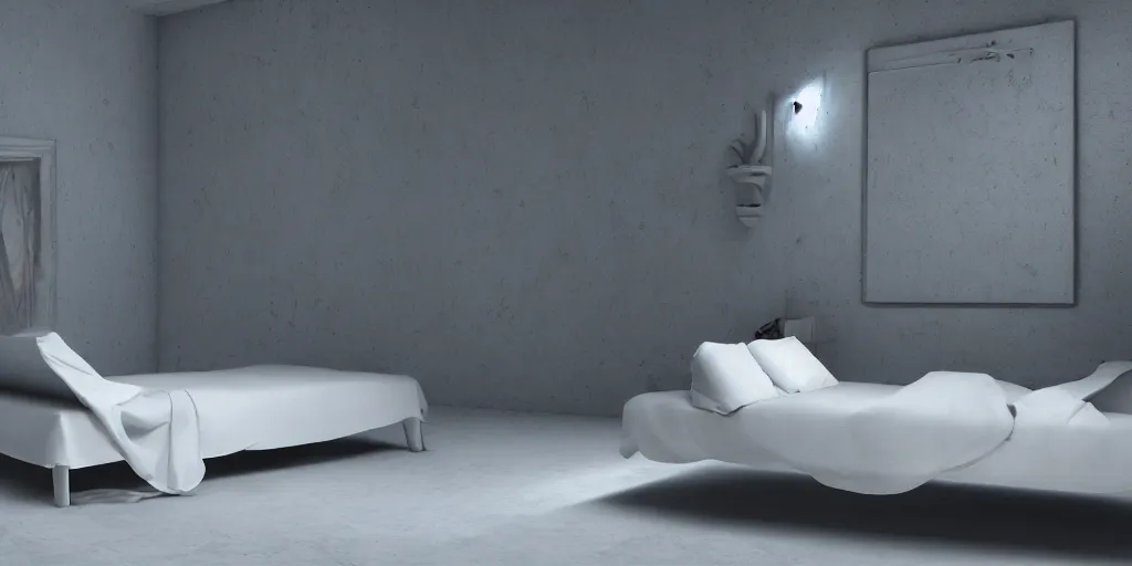 Image similar to liminal space bed, unreal engine, octane render, fantasy, white walls, digital art, dreamcore