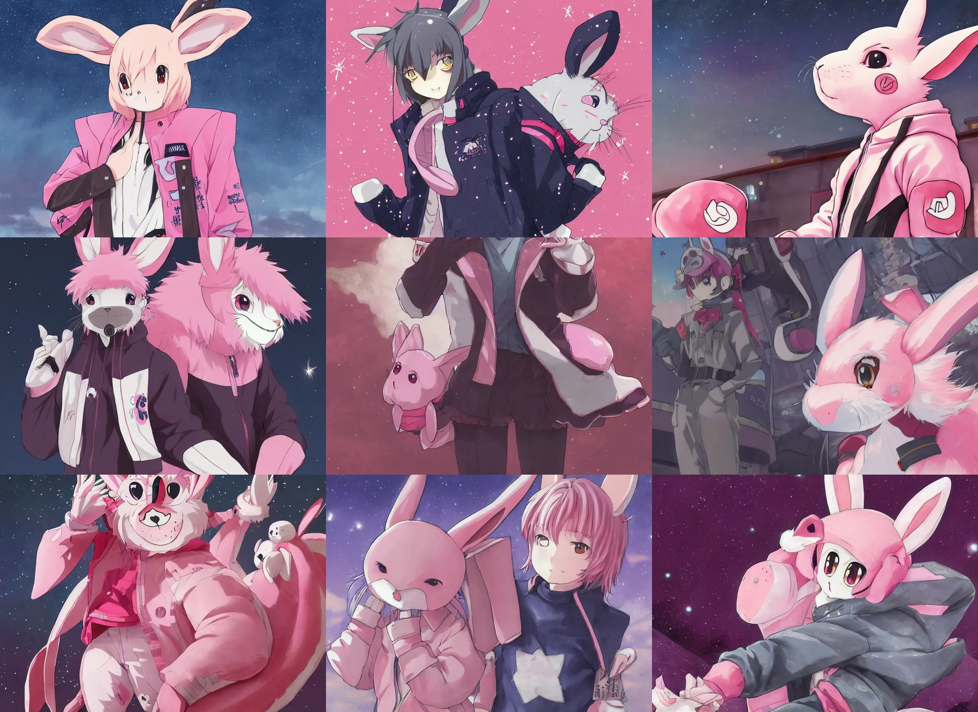 Prompt: official artwork of an anime pink rabbit wearing a letterman jacket, by Krenz Cushart, detailed art, many stars in the night sky, pink iconic character, 獣, yokai, wallpaper, bunny, large ears, けもの, male character, aesthetic, helmet, ghost, beast, motorbiker, rabbit, rabbit shaped helmet