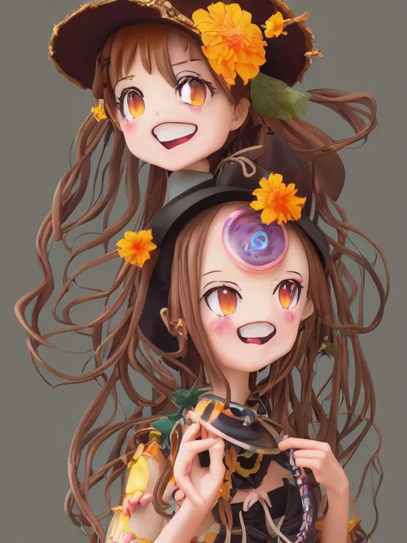 Image similar to A goodsmile anime figure Full shot of a cute mischievous young witch about to get up to some trouble with her playful snake familiar. Latin American fashion. Floral patterns. Black and Orange palette. Magic. Latina girl. brown skin. defined facial features, symmetrical facial features. Smiling. Key Art. Fantasy Illustration. award winning, Artstation, intricate details, realistic, Hyperdetailed, 8k resolution.