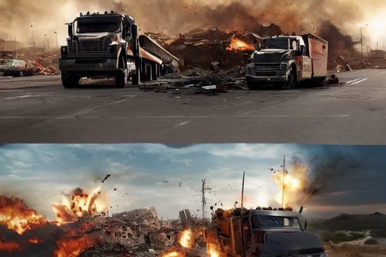 Image similar to a giant truck, transforming into a war machine on a destroyed highway. special effects, highly detailed, filmic. michael bay.
