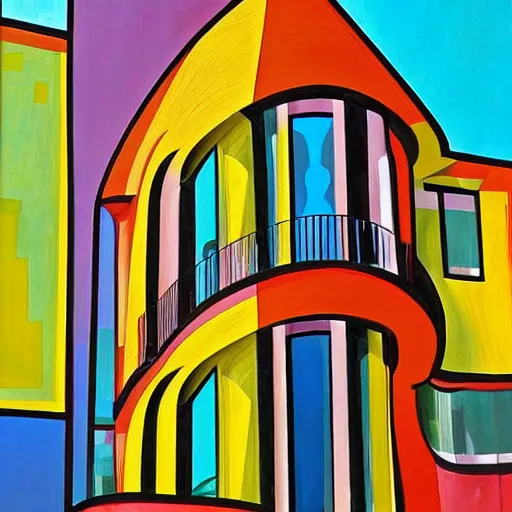 Prompt: colorful painting, classic curved tel aviv 3 - story apartment, bauhaus architecture, picasso style, portrait