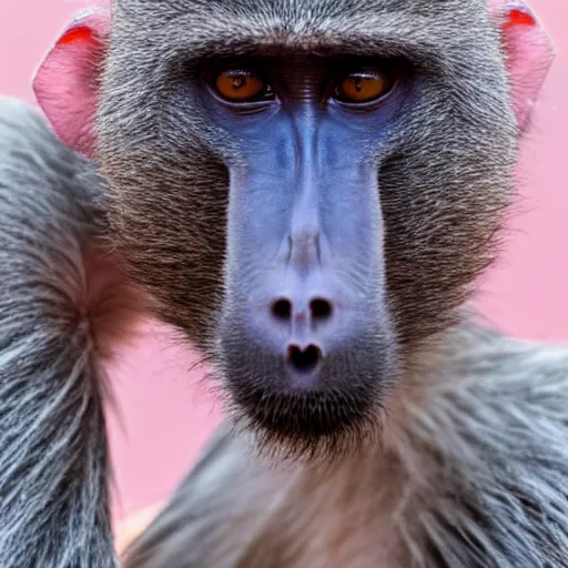 Image similar to a baboon, pink background, award - winning photography