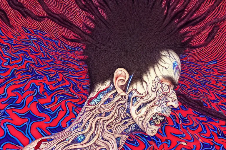 Prompt: realistic detailed image of a man falling to his impending demise, conjuring psychedelic background, part by takato yamamoto, part by alex gray, ross tran, james jean, ultra realistic, octane render, highly detailed, 8 k, trending on artstation, cosmic, symmetry, masterpiece