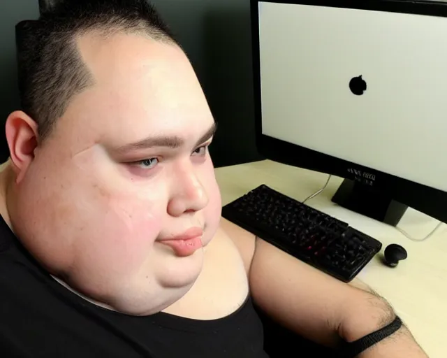 Image similar to gorgeous view of an ugly fat computer gamer with pimples and diseases all over its skin.