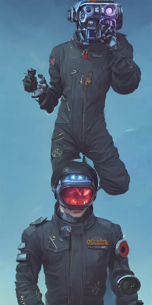 Image similar to wide view, diesel punk retro - futurist pilot, wearing a cyberpunk leather pilots uniform, transparent, behance hd artstation, by jesper ejsing by rhads, makoto shinkai and lois van baarle, ilya kuvshinov, rossdraws, cinematic lighting, sharp focus