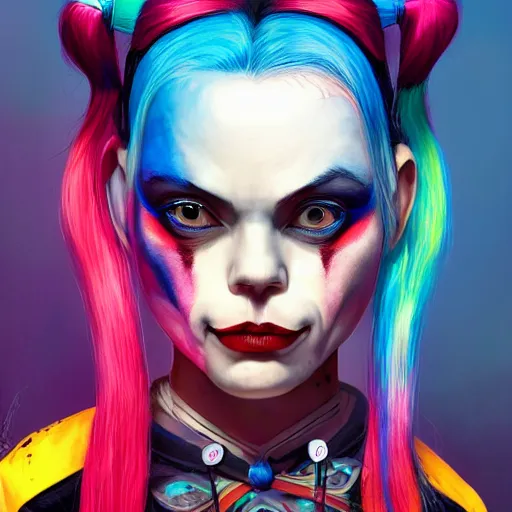 Image similar to Harley Quinn as a beautiful young ape kid with long pony tails on either side of her head, illustration, comic, by James Jean, artgerm, octane render, by John Coltrane and Marc Simonetti, kinemacolor, colorful, high detail of the face, full body