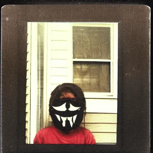 Image similar to found polaroid on a table. picture of a young child with a scary mask on a front porch. dark and spooky, flash photography