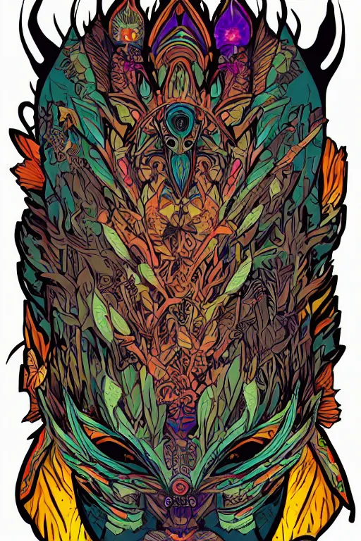 Image similar to animal mask totem roots flower tribal feather gemstone plant wood rock shaman vodoo video game vector cutout illustration vivid multicolor borderlands comics by josan gonzales and dan mumford radiating a glowing aura