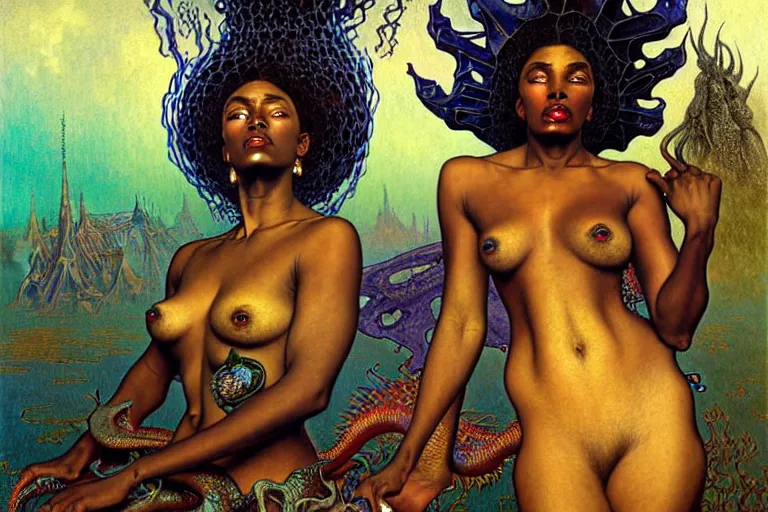 Image similar to realistic extremely detailed closeup portrait painting of a beautiful black woman, mutant dragon and a single old house on background by Jean Delville, Amano, Yves Tanguy, Alphonse Mucha, Ernst Haeckel, Edward Robert Hughes, Roger Dean, rich moody colours