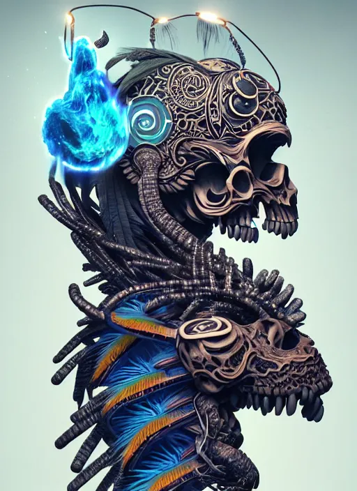 Image similar to 3 d shaman with tattoos profile portrait, sigma 5 0 0 mm f / 5. beautiful intricate highly detailed quetzalcoatl skull and feathers. bioluminescent, plasma, lava, ice, water, wind, creature, thunderstorm! artwork by tooth wu and wlop and beeple and greg rutkowski, 8 k trending on artstation,