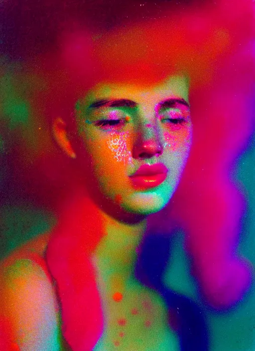 Prompt: realistic photo of a blurred face of a girl, covered in shriveling dead semi - translucent iridescent coral reef, emitting aura, 1 9 6 0, life magazine photo, natural colors, metropolitan museum, kodak, 8 k, very detailed, high resolution, product photo,