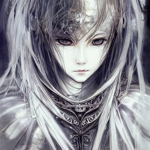 Image similar to yoshitaka amano blurred and dreamy realistic illustration of an anime girl with wavy white hair and cracks on her face wearing elden ring armor with the cape fluttering in the wind, abstract black and white patterns on the background, noisy film grain effect, highly detailed, renaissance oil painting, weird portrait angle