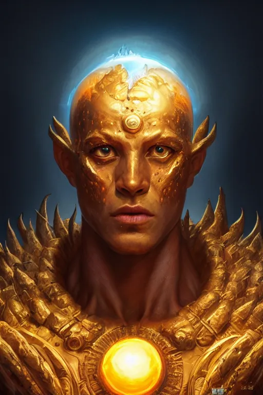 Image similar to humanoid god of the sun, highly detailed, d & d, fantasy, hyper detailed, digital painting, trending on artstation, apollo, concept art, sharp focus, illustration, art by artgerm and magali villeneuve and greg rutkowski and michael whelan, cryengine, 8 k realistic atmospheric lighting, frostbite 3 engine