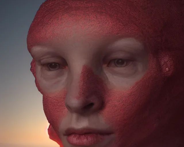 Image similar to face portrait, rocky shore, alien woman, glowing red, by edgar maxence and ross tran, zdzisław beksinski, and michael whelan, distant, gustav dore, h. r. giger, 8 k, octane render