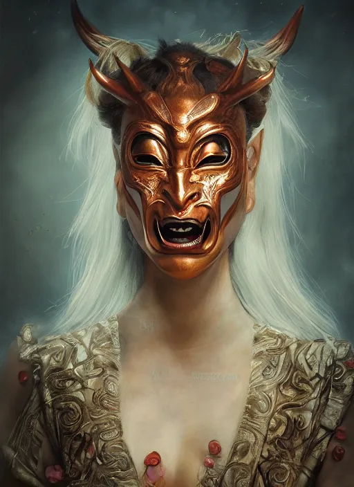 Prompt: a beautiful detailed oil on copper art illustration of a japanese namanari mask devil woman, the mask is broken, centered, by charlie bowater, zeng fanzh, trending on artstation, dim dusk lighting, cinematic lighting, detailed lighting, volumetric lighting, realistic, f 8, 4 k hd wallpaper
