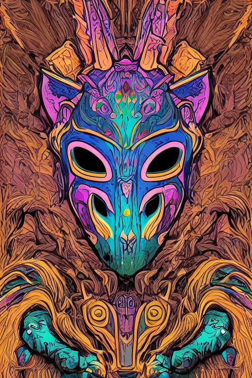 Image similar to animal mask totem roots flower tribal feather gemstone plant wood rock shaman vodoo video game vector cutout illustration vivid multicolor borderlands comics by josan gonzales and dan mumford radiating a glowing aura